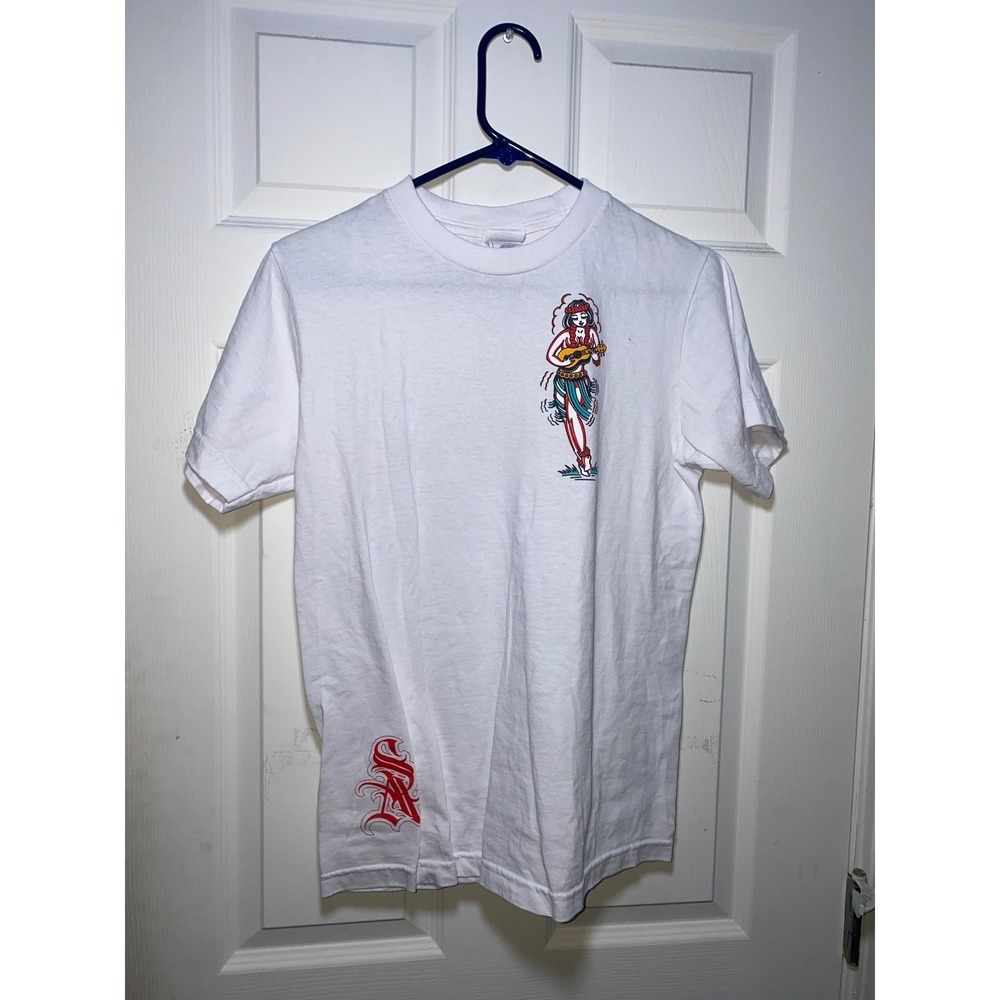 Shaka Wear Sacred Art Hula Girl Tattoo Graphic T-Shirt Mens Small White Short